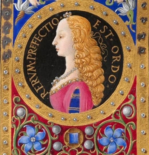 Illuminated manuscript portrait of Beatrice of Naples. She is depicted in profile facing left, in the style of a Roman coin. Her hair is golden-auburn and curly, her hairline and forehead extremely high in the fashion of the period in which women plucked out the front part of their hair to make their foreheads higher (visible in the Mona Lisa etc.) She wears a pink gown over blue, trimmed with gold and pearls, and a pearl necklace. Around her the frame is painted with gold and pearls, and surrounded by flowers. The text
