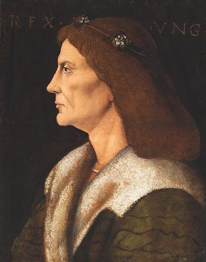 Portrait of Matthias Corvinus the Raven King. He is depicted in profile, with brown hair flowing down to his shoulders. He wears a crown of flowers, and robes of an ambiguous material lined in fur or possibly pale velvet. His face is extremely detailed and lifelike, a tour-de-force of portrait quality, and his expression calm but severe, his eyes and mouth framed with the lines of much thought and hard times; a man you would not want to mess with.