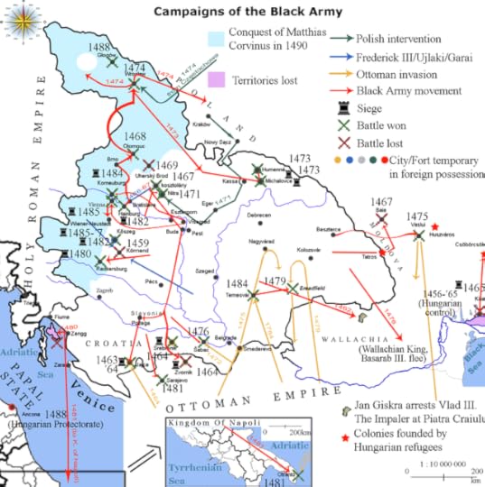 Map diagramming Matthias Corvinus's campaigns with his Black Army, with an absurd number of battles and arrows showing many campaigns ranging all the way from Głogów in Poland, to the Black Sea, to the heel of Italy.