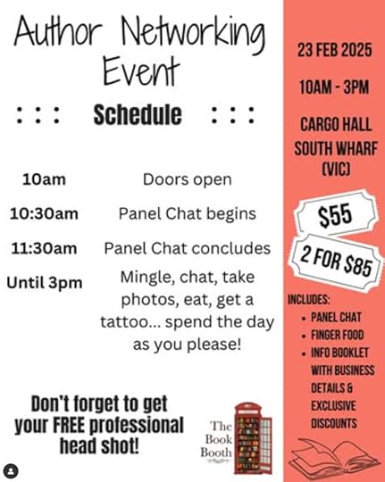 A flyer for the book booth event. It lists the offerings on black text on a white background. The timing and location is on an orange background with black text.
