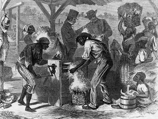 enslaved people working while elegant men converse