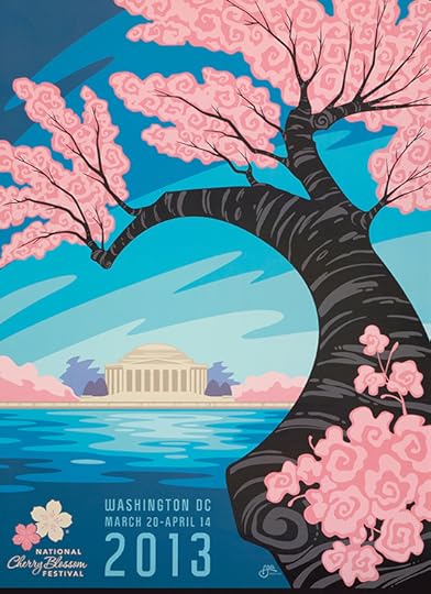 Print shows a gnarly branch of a cherry tree in bloom framing the Jefferson Memorial and Tidal Basin.