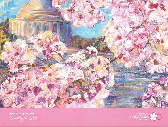 Colorful impressionist print shows the Jefferson Memorial behind cherry blossoms.
