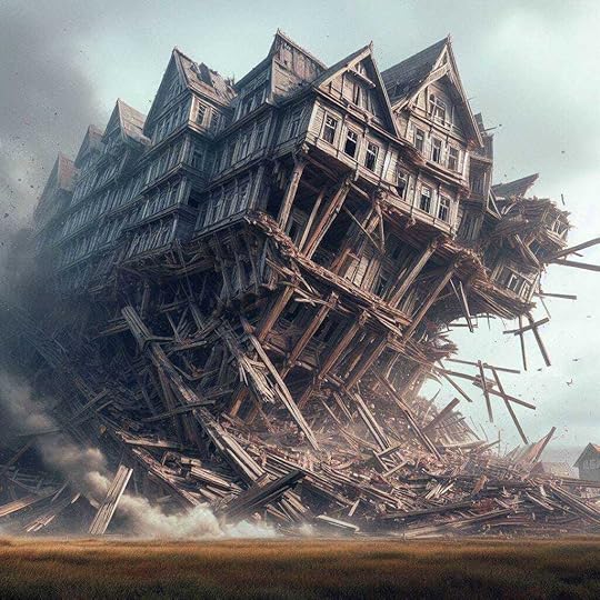 A realistic image of a huge rickety building collapsing