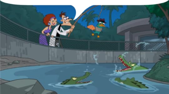 Dr. Doofenschmirtz holding a fishing rod with Perry the Platypus hanging over a pool of gators