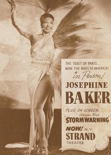 Poster of Josephine Baker advertising her performance at the Strand Theater. The poster features an image of Baker dressed in a long dress with feathers coming off the proper left side. Additional feathers sit atop her head in a faned out structure