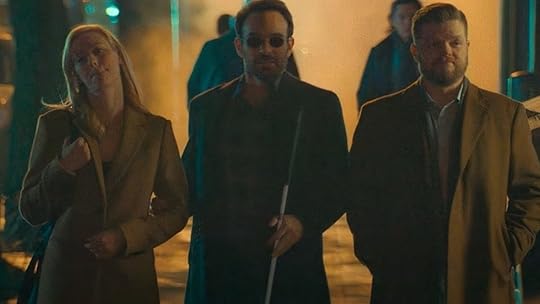 From left to right: Deborah Ann Woll, Charlie Cox, and Elden Henson in Daredevil: Born Again, before tragedy strikes.