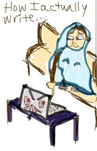 Finger sketch of a woman writer with a distressed expression on her face, huddling in a blanket on a couch and reaching one finger out slowly to touch her computer keyboard. The computer sits on a coffee table with an angry, monster expression on it.