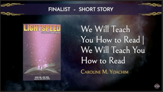 Screenshot from the Nebula Finalist Announcement video. Text at the top reads 