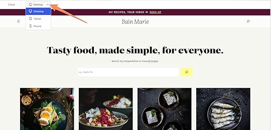 an orange arrow pointing to the responsive test on the theme preview for a theme called Bain Marie