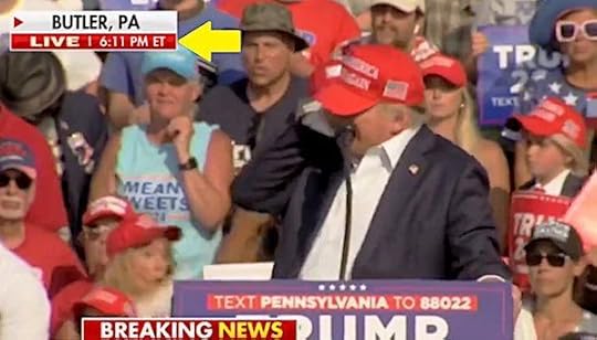 A bullet strikes the ear of former President Donald Trump at 6:11 p.m. Eastern Time in Butler, Pennsylvania, on Saturday, July 13, 2024 (Video screenshot)