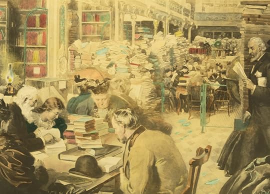 Print shows crowded conditions at the Library of Congress shortly before it moved across the street from the U.S. Capitol into its new building. Men and women fill every chair at the tables and the books are in tall stacks on the floor.