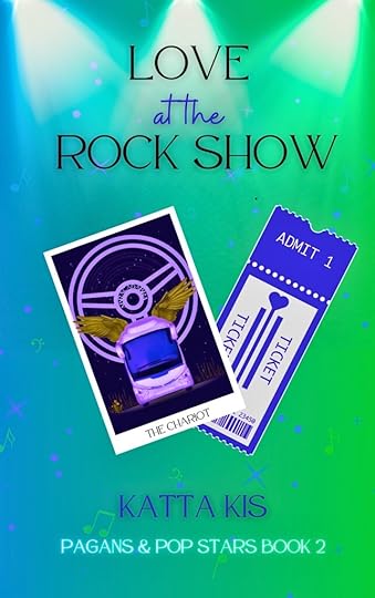 Love at the Rock Show cover: green with a blue ticket stub and a tarot card with a tour bus (winged) on it, The Chariot.