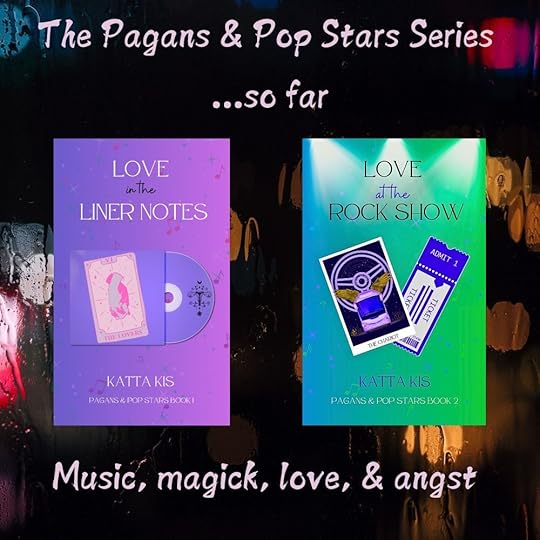 Both covers on a black background with text that reads The Pagans & Pop Stars Series so far... music, magick, love & angst.