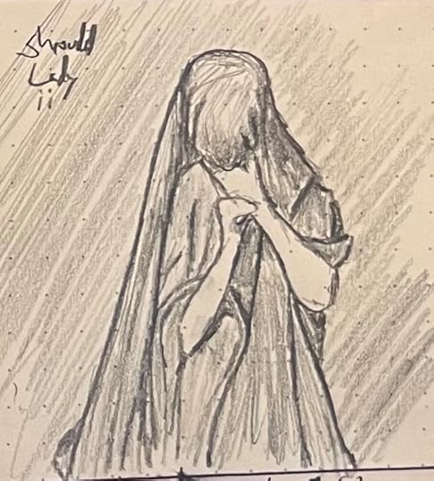 A pencil sketch of a shrouded lady