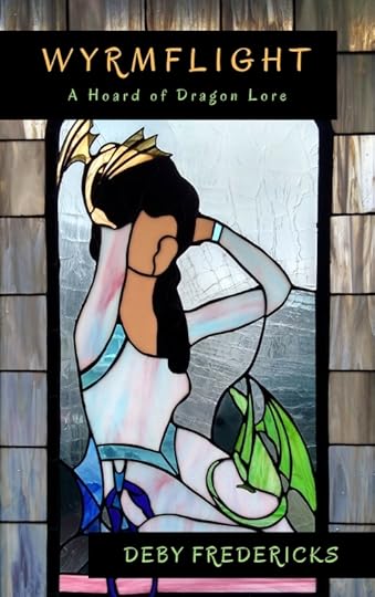 Stained glass shows a lady doing her hair, while surrounded by three tiny dragons. Glass Art by Roberta Rice. Text reads 
