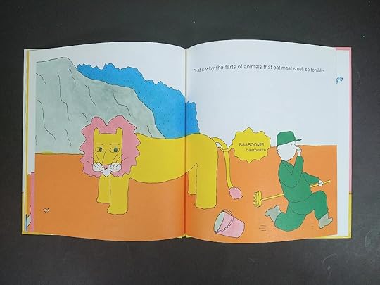 Illustration of a zookeeper running from the smell of a lion's fart.