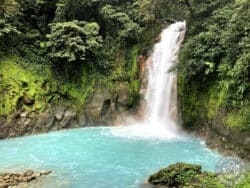 waterfall with bright blue water set in the rainforest