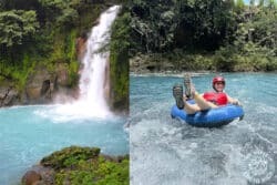 A split photo with the Rio Celeste Waterfall on the left and a person tubing down a blue river on the right