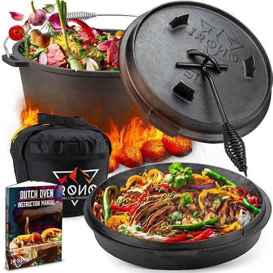 IRONO Dutch Oven - Pan Gietijzer - 5 Liter - Gietijzeren Pan BBQ 5-delig -...