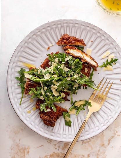 pretzel crusted chicken with honey mustard arugula