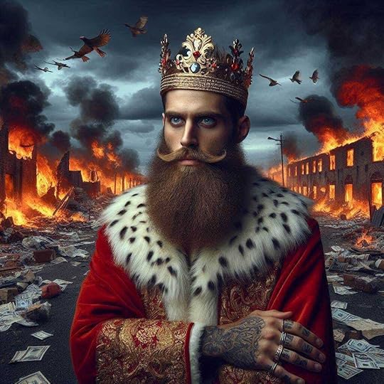 realistic photo of mad king, cleanshaven, surrounded by burning buildings
