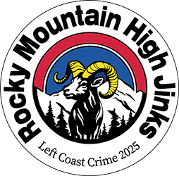 Logo of Left Coast Crime with a Mountain Goat in the center and Rocky Mountain High Jinx around the edge