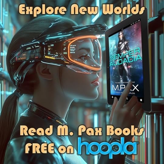 futuristic woman checking out a book by M. Pax from Hoopla