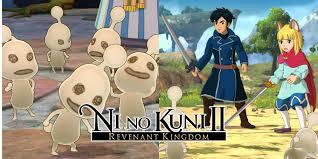 Screenshots from the game NI No Kuni 2. One is for Evan and Roland looking at the creatures in the world called Higgledies and the other is of a bunch of white Higgledies dancing around.