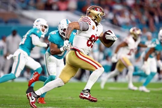 George Kittle #85 of the San Francisco 49ers makes a catch during the second quarter against the Miami Dolphins at Hard Rock Stadium on Dec. 22, 2024 in Miami Gardens, Florida. (Photo by Megan Briggs/Getty Images)