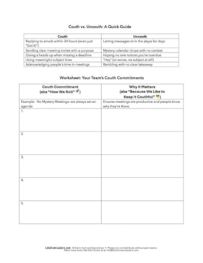 couth code team agreement worksheet