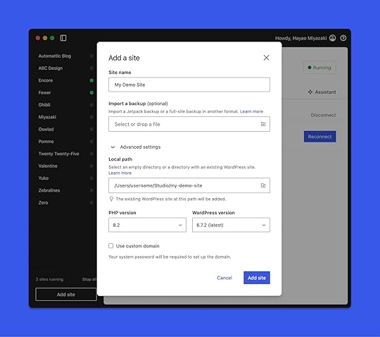 The Add a site window in the Studio app showing fields for Site name, imports, local, path, PHP version, and WordPress version