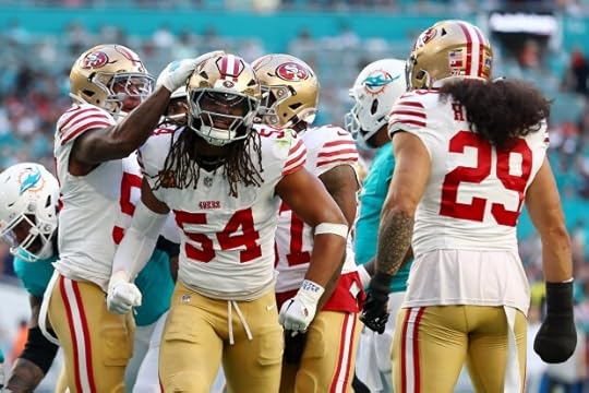 Fred Warner #54 of the San Francisco 49ers reacts after a tackle during the first quarter against the Miami Dolphins at Hard Rock Stadium on Dec. 22, 2024 in Miami Gardens, Florida. (Photo by Megan Briggs/Getty Images)
