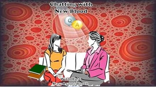 Two women sitting and talking with fantasy background. Dialog bubbles with 'Q &A' above their heads. Text: Chatting with New Blood with Kaye Lynne Booth
