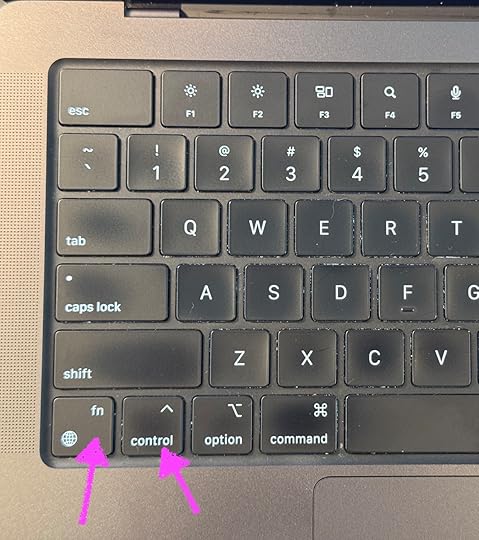 Photo of the left side of a Mac laptop's keyboard. The bottom row where modifiers are, from left to right is: Fn, Control, Option, Cmd, Spacebar. There are arrows calling out the location of Control and Fn