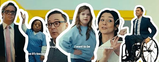 A diverse group of people with disabilities, including individuals using wheelchairs, a person with Down syndrome, and a little person in scrubs, are depicted in a vibrant setting with a yellow background. They are outlined in white and engaged in various actions such as speaking, gesturing, and holding objects like a clothing hanger. 