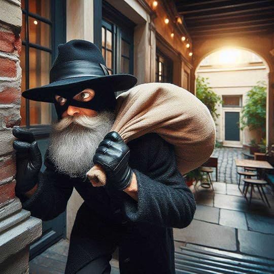A robber with a white beard and a black hat sneaking out of a building with a sack of swag on his back