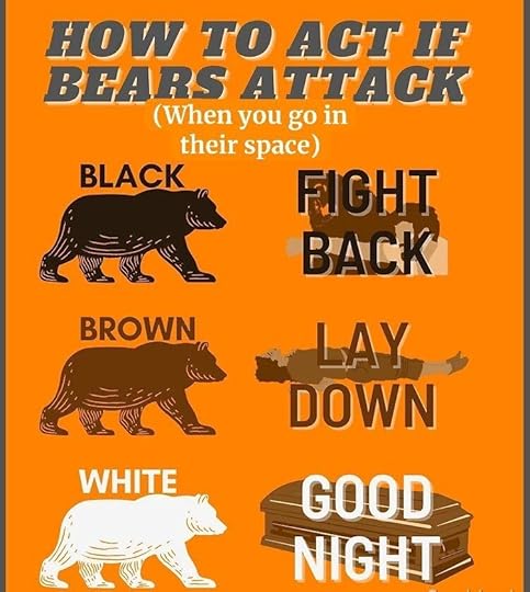 How to act if bears attack (when you go in their space): Black - FIGHT BACK (image of punching a bear); Brown - LAY DOWN (image of person lying down); White - GOOD NIGHT (image of coffin)