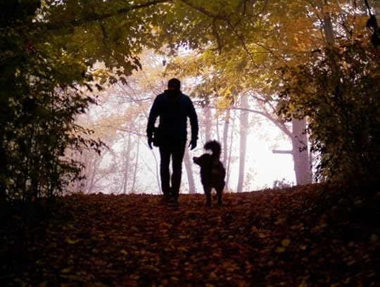 A person walking across a leafy path with a dog. The simple positivity of being.