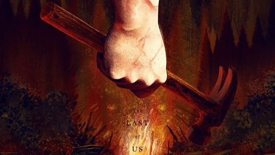 a hand holds a hammer over a burning car with the words the last of us in black on a poster