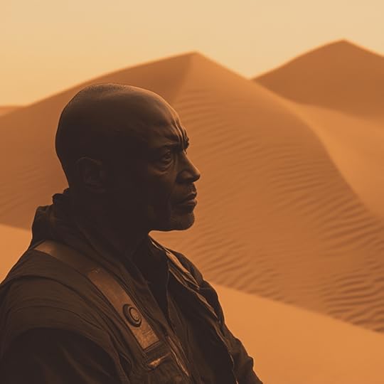 An older war veteran staring out at a barren planet of dusty dunes