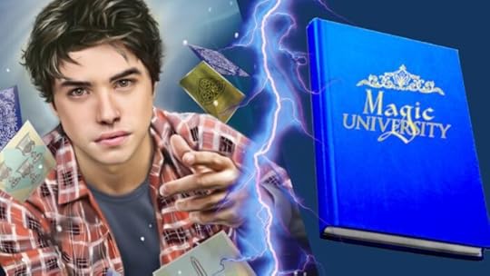 Portrait of Kyle by Fox Estacado collaged with a mockup of a hardcover book with the words Magic University on the cover and a lightning bolt down the middle sort of in the trans flag colors 