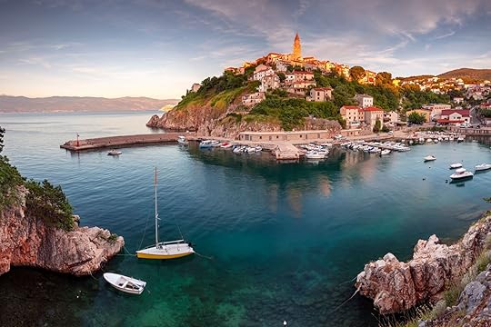 Vrbnik, Croatia. Panoramic aerial cityscape image of iconic village of Vrbnik, Croatia located on Krk Island at summer sunset