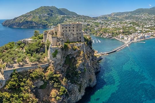 Aerial view on Aragonese castle. The castle is the most impressive historical monument in Ischia, build in 474 BC. Aerial view of the island and town of Ischia