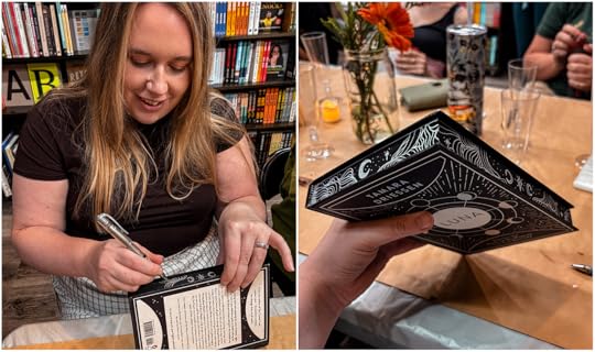 Left image shows author MG Hunt painting a design on the edge of a hardcover book. The right image shows the finished design, silver abstract and wavy graphics on a black background.