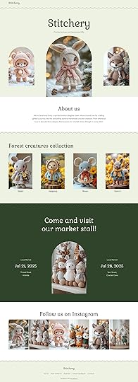 A green and white website for The Stitchery with images of crocheted animals