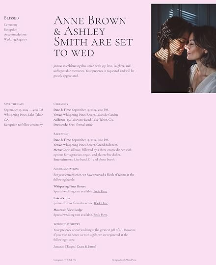 A wedding website with a pink background and an image of two women in the top-right