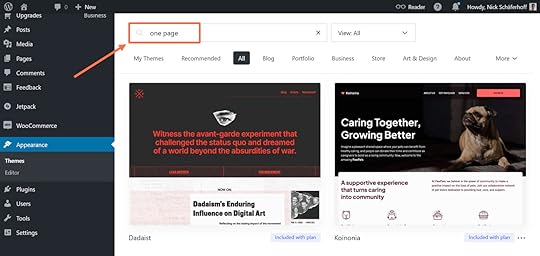 An orange arrow and box highlighting a search for 'one page' under Appearance > Themes in the WordPress dashboard 