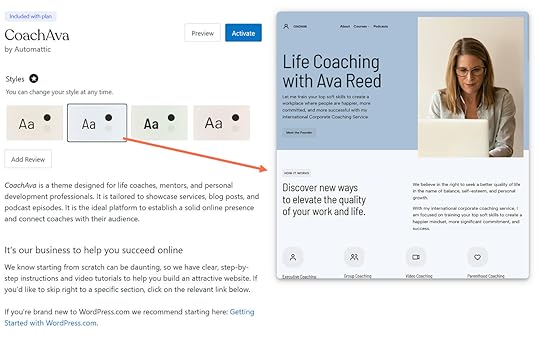 An orange arrow pointing from a style variation to the updated theme preview window on WordPress.com for the CoachAva theme