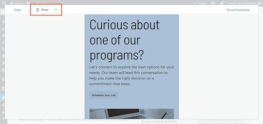 An orange box around the Phone preview drop-down menu for a WordPress.com theme